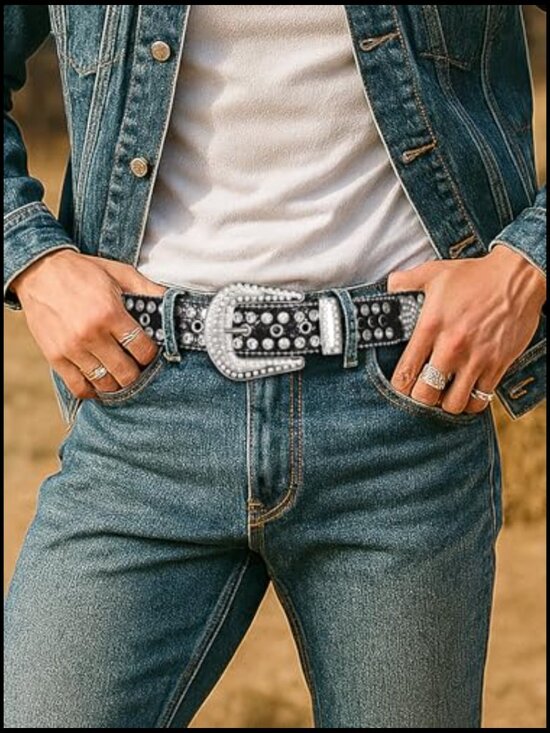Rhinestone Belt with Faux Leather Strap and Alloy Buckle